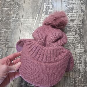 Cozy Pink Knit Womens Hat with Pom Pom And Nexk Guard